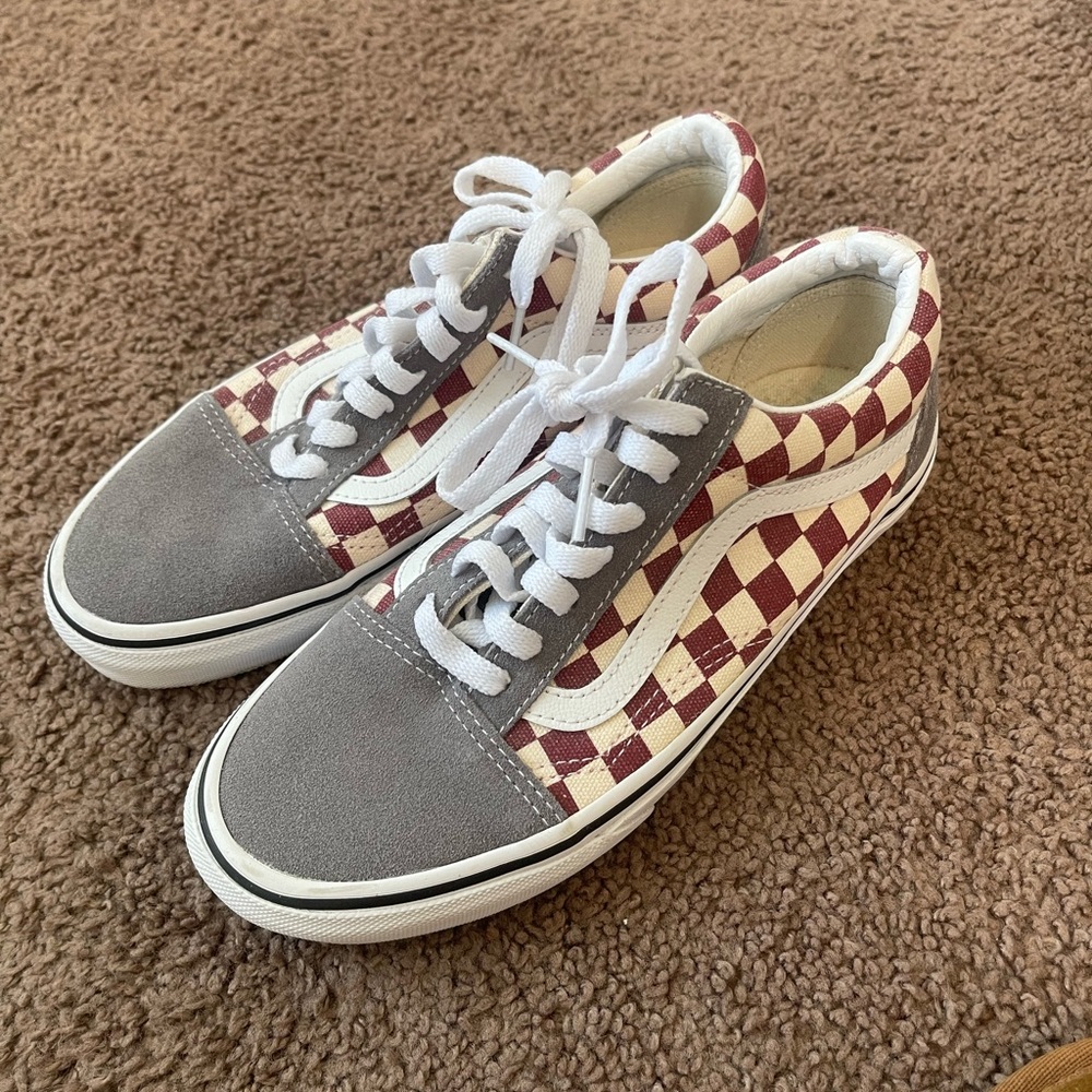 Vans Red and White Checkerboard Shoes with Gray Accents